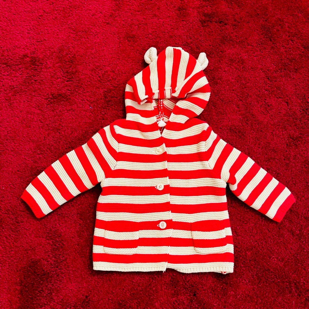 Baby Gap Red Stripe Hooded Cardigan Sweater Teddy Bear Ears 6-12 Months NWT